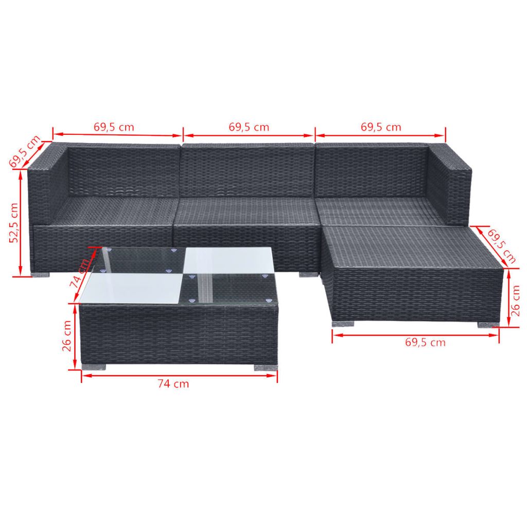 5 Piece Garden Lounge Set with Cushions Poly Rattan Black- Outdoor Furniture Sets - HomeShopIreland - Home Shop Ireland - Outdoor Furniture Sets - 5 Piece Garden Lounge Set with Cushions Poly Rattan Black
