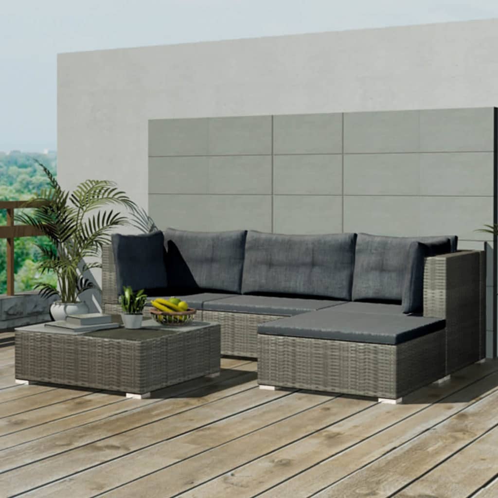 5 Piece Garden Lounge Set with Cushions Poly Rattan Grey- Outdoor Furniture Sets - HomeShopIreland - Home Shop Ireland - Outdoor Furniture Sets - 5 Piece Garden Lounge Set with Cushions Poly Rattan Grey