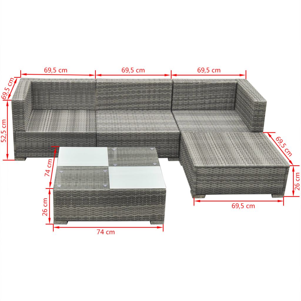 5 Piece Garden Lounge Set with Cushions Poly Rattan Grey- Outdoor Furniture Sets - HomeShopIreland - Home Shop Ireland - Outdoor Furniture Sets - 5 Piece Garden Lounge Set with Cushions Poly Rattan Grey