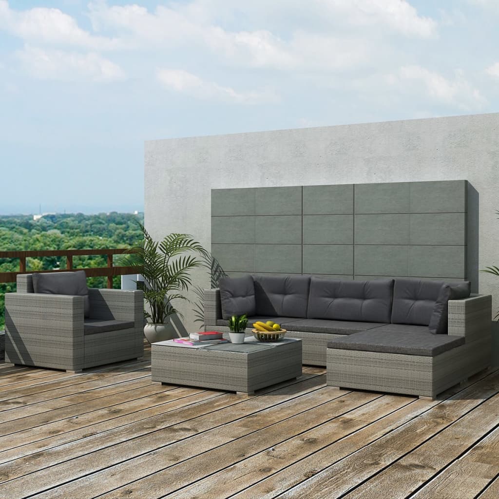 6 Piece Garden Lounge Set with Cushions Poly Rattan Grey- Outdoor Furniture Sets - HomeShopIreland - Home Shop Ireland - Outdoor Furniture Sets - 6 Piece Garden Lounge Set with Cushions Poly Rattan Grey