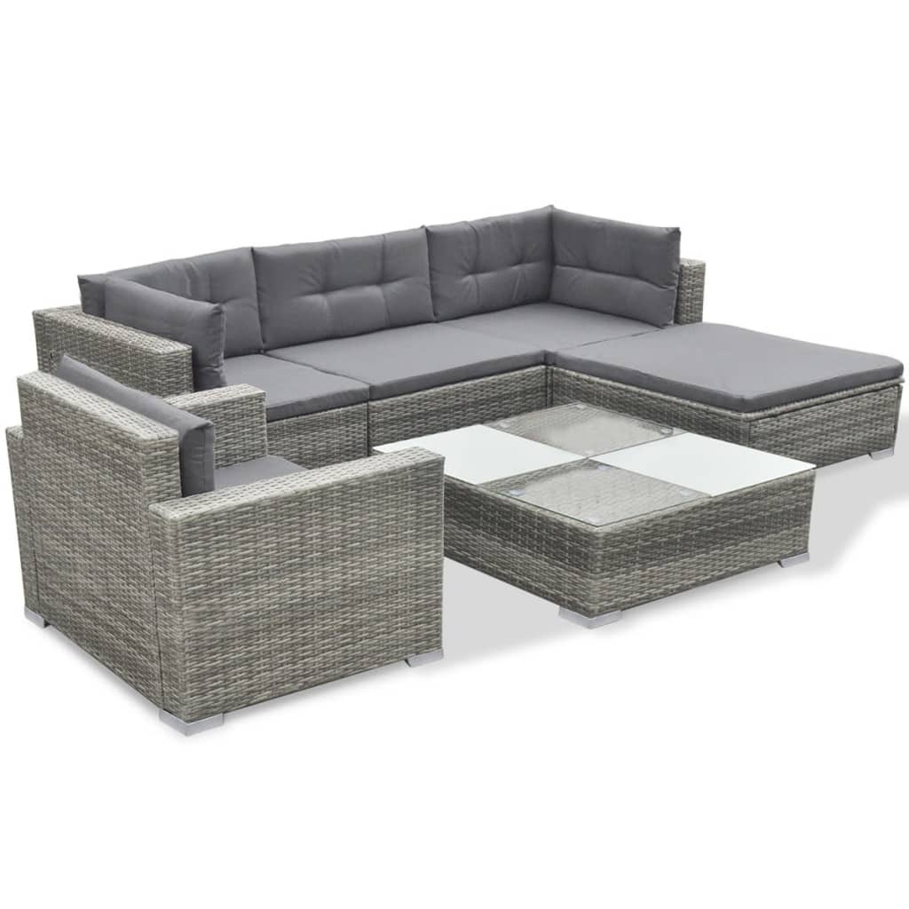 6 Piece Garden Lounge Set with Cushions Poly Rattan Grey- Outdoor Furniture Sets - HomeShopIreland - Home Shop Ireland - Outdoor Furniture Sets - 6 Piece Garden Lounge Set with Cushions Poly Rattan Grey