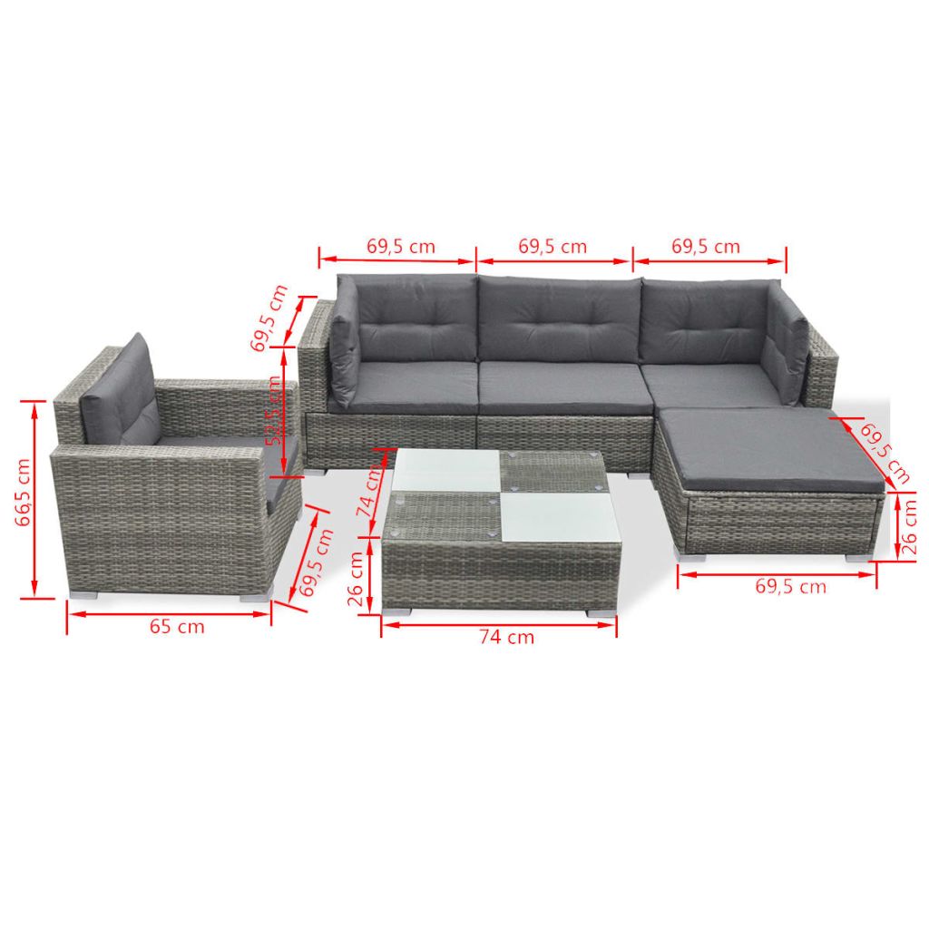 6 Piece Garden Lounge Set with Cushions Poly Rattan Grey- Outdoor Furniture Sets - HomeShopIreland - Home Shop Ireland - Outdoor Furniture Sets - 6 Piece Garden Lounge Set with Cushions Poly Rattan Grey