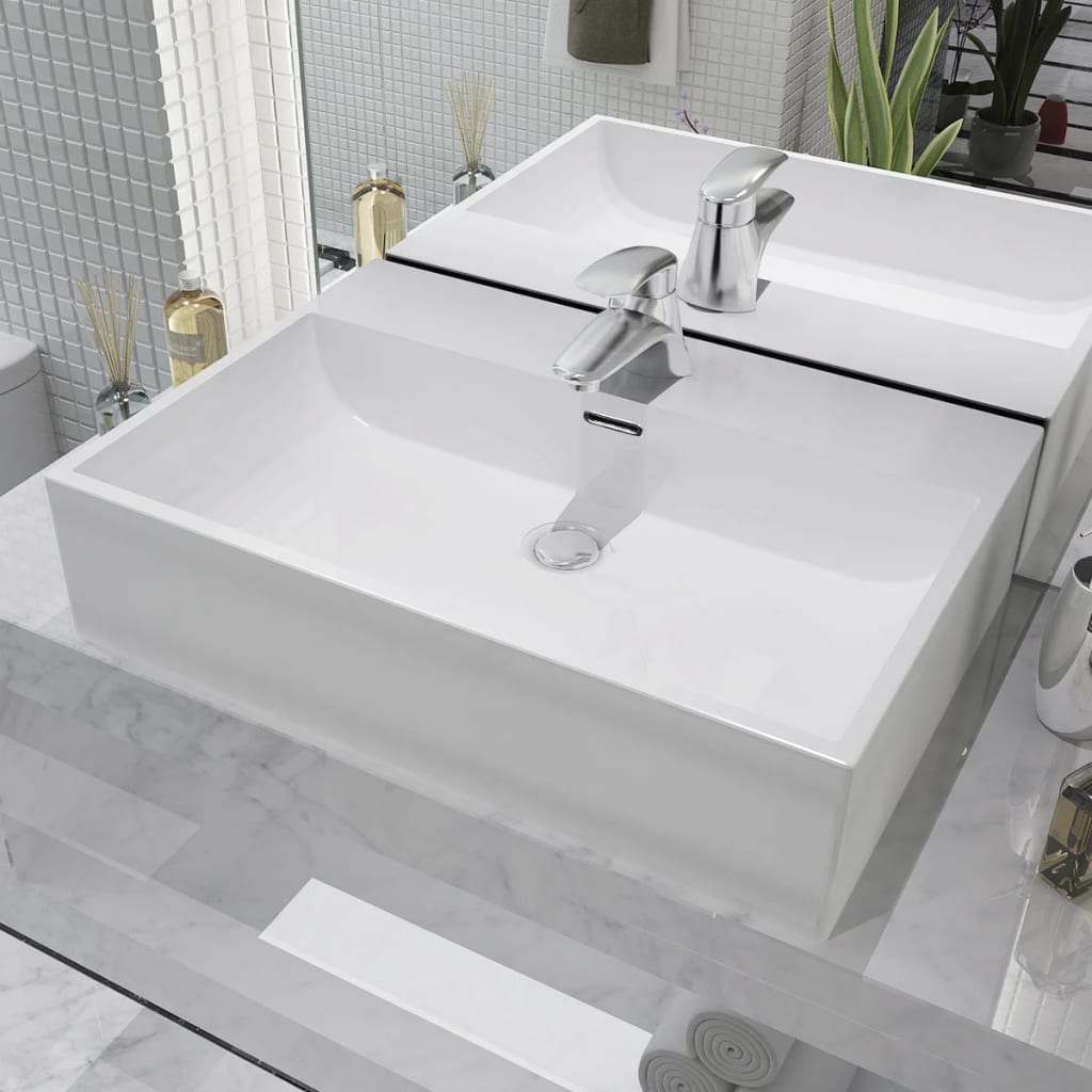 Basin with Faucet Hole Ceramic White 60.5x42.5x14.5 cm- Bathroom Basins - HomeShopIreland - Home Shop Ireland - Bathroom Basins - Basin with Faucet Hole Ceramic White 60.5x42.5x14.5 cm