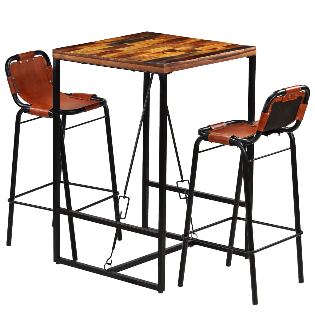 Bar Set 3 Pieces Solid Reclaimed Wood and Genuine Goat Leather- Kitchen & Dining Furniture Sets - HomeShopIreland - Home Shop Ireland - Kitchen & Dining Furniture Sets - Bar Set 3 Pieces Solid Reclaimed Wood and Genuine Goat Leather