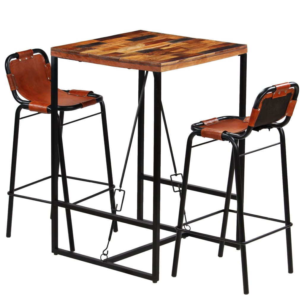 Bar Set 3 Pieces Solid Reclaimed Wood and Genuine Goat Leather- Kitchen & Dining Furniture Sets - HomeShopIreland - Home Shop Ireland - Kitchen & Dining Furniture Sets - Bar Set 3 Pieces Solid Reclaimed Wood and Genuine Goat Leather