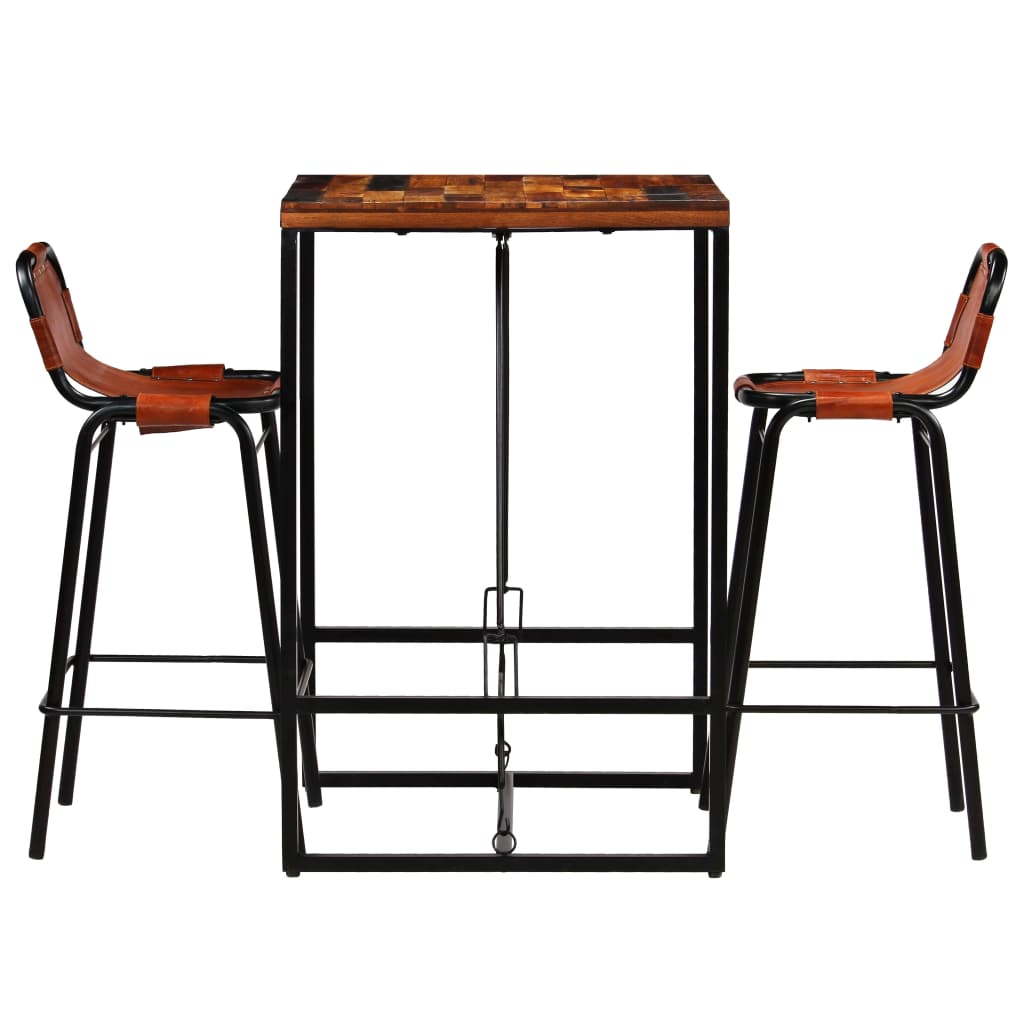 Bar Set 3 Pieces Solid Reclaimed Wood and Genuine Goat Leather- Kitchen & Dining Furniture Sets - HomeShopIreland - Home Shop Ireland - Kitchen & Dining Furniture Sets - Bar Set 3 Pieces Solid Reclaimed Wood and Genuine Goat Leather