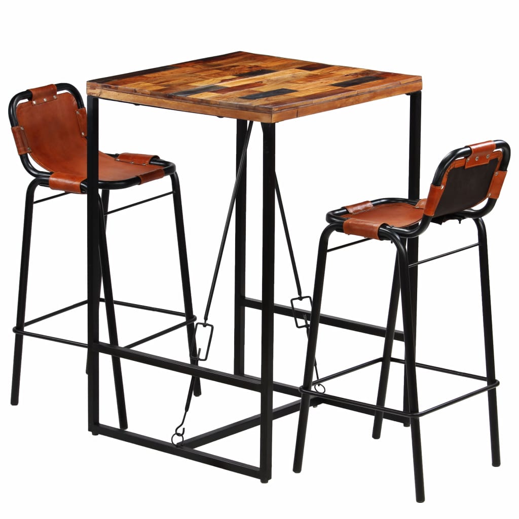 Bar Set 3 Pieces Solid Reclaimed Wood and Genuine Goat Leather- Kitchen & Dining Furniture Sets - HomeShopIreland - Home Shop Ireland - Kitchen & Dining Furniture Sets - Bar Set 3 Pieces Solid Reclaimed Wood and Genuine Goat Leather