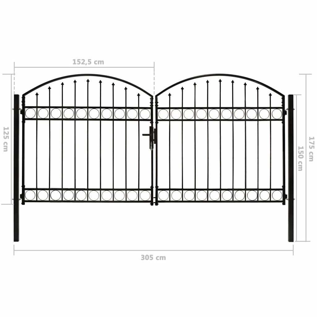 Fence Gate Double Door with Arched Top Steel 300x125 cm Black- Gates - HomeShopIreland - Home Shop Ireland - Gates - Fence Gate Double Door with Arched Top Steel 300x125 cm Black