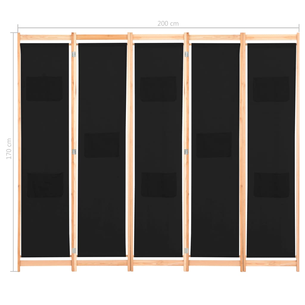5-Panel Room Divider Black 200x170x4 cm Fabric- Room Dividers - HomeShopIreland - Home Shop Ireland - Room Dividers - 5-Panel Room Divider Black 200x170x4 cm Fabric