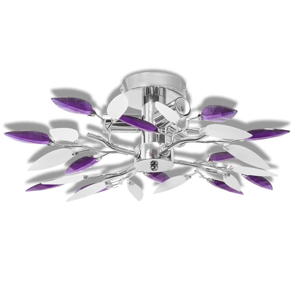 Ceiling Lamp White & Purple Acrylic Crystal Leaf Arms 3 E14 Bulbs- Ceiling Light Fixtures - HomeShopIreland - Home Shop Ireland - Ceiling Light Fixtures - Ceiling Lamp White & Purple Acrylic Crystal Leaf Arms 3 E14 Bulbs