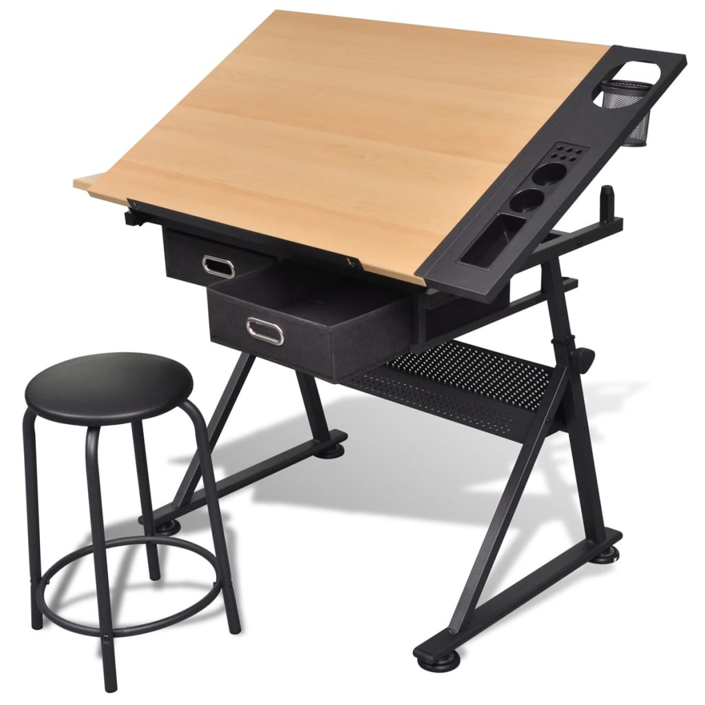Two Drawers Tiltable Tabletop Drawing Table with Stool- Art & Drafting Tables - HomeShopIreland - Home Shop Ireland - Art & Drafting Tables - Two Drawers Tiltable Tabletop Drawing Table with Stool