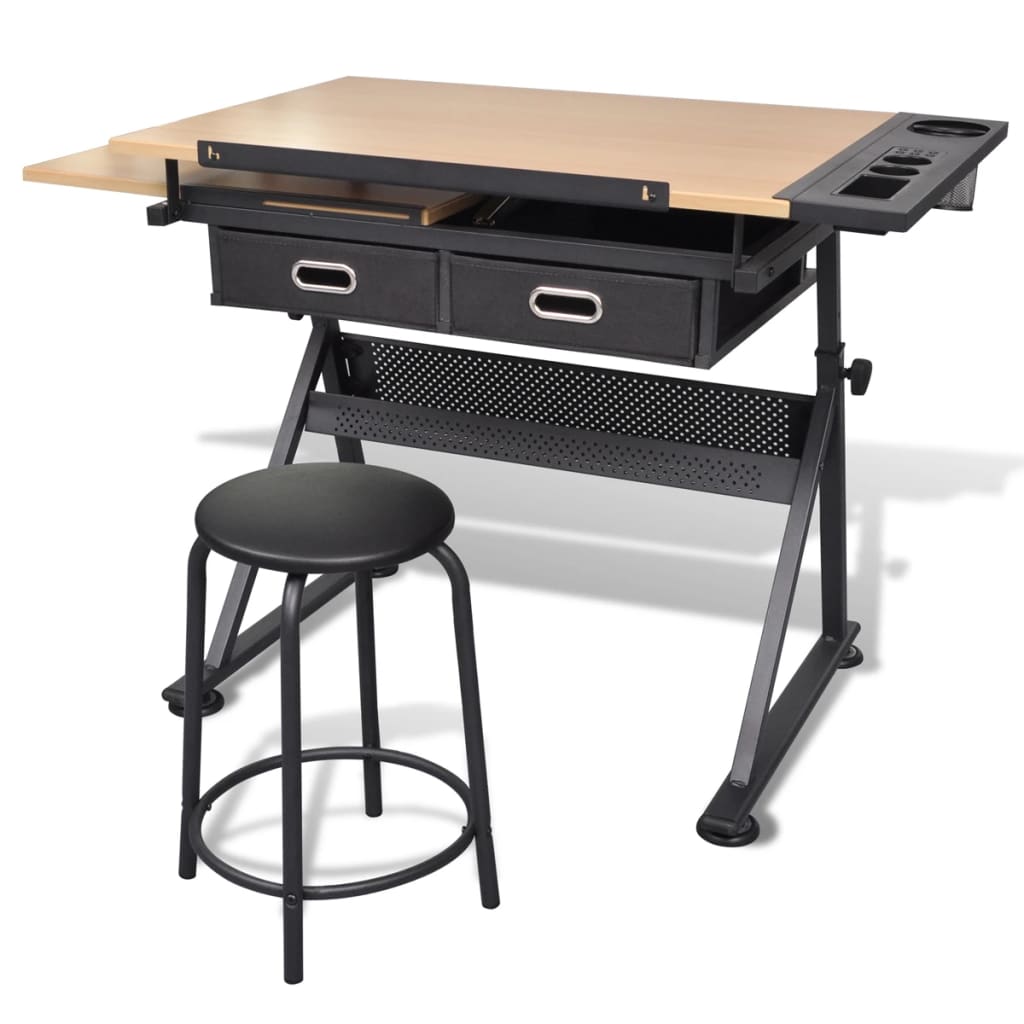 Two Drawers Tiltable Tabletop Drawing Table with Stool- Art & Drafting Tables - HomeShopIreland - Home Shop Ireland - Art & Drafting Tables - Two Drawers Tiltable Tabletop Drawing Table with Stool