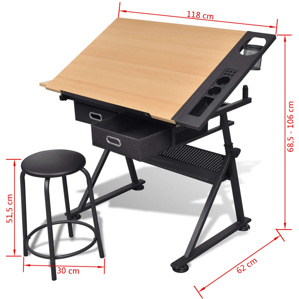 Two Drawers Tiltable Tabletop Drawing Table with Stool- Art & Drafting Tables - HomeShopIreland - Home Shop Ireland - Art & Drafting Tables - Two Drawers Tiltable Tabletop Drawing Table with Stool