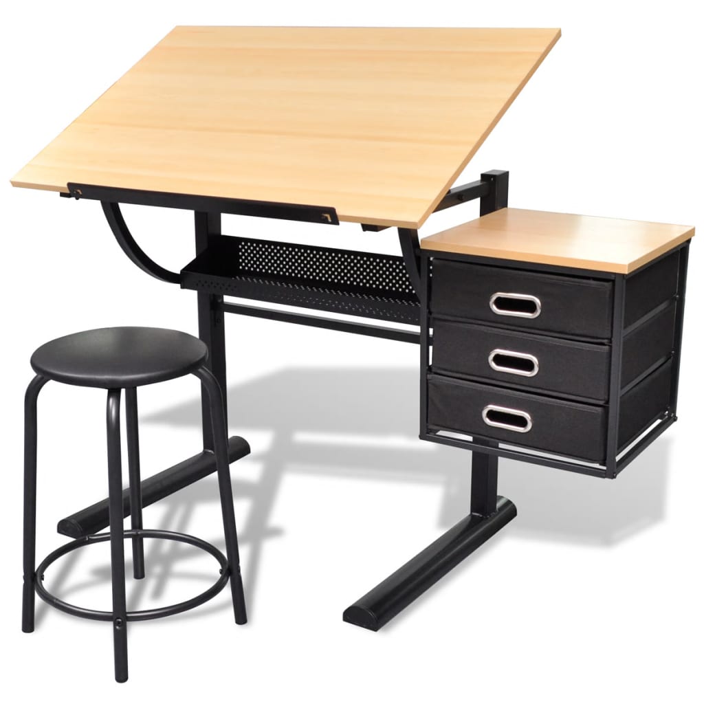 Three Drawers Tiltable Tabletop Drawing Table with Stool- Art & Drafting Tables - HomeShopIreland - Home Shop Ireland - Art & Drafting Tables - Three Drawers Tiltable Tabletop Drawing Table with Stool
