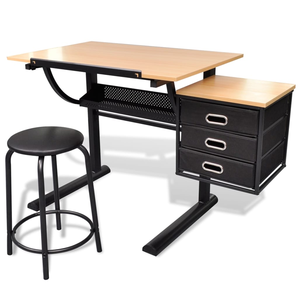 Three Drawers Tiltable Tabletop Drawing Table with Stool- Art & Drafting Tables - HomeShopIreland - Home Shop Ireland - Art & Drafting Tables - Three Drawers Tiltable Tabletop Drawing Table with Stool