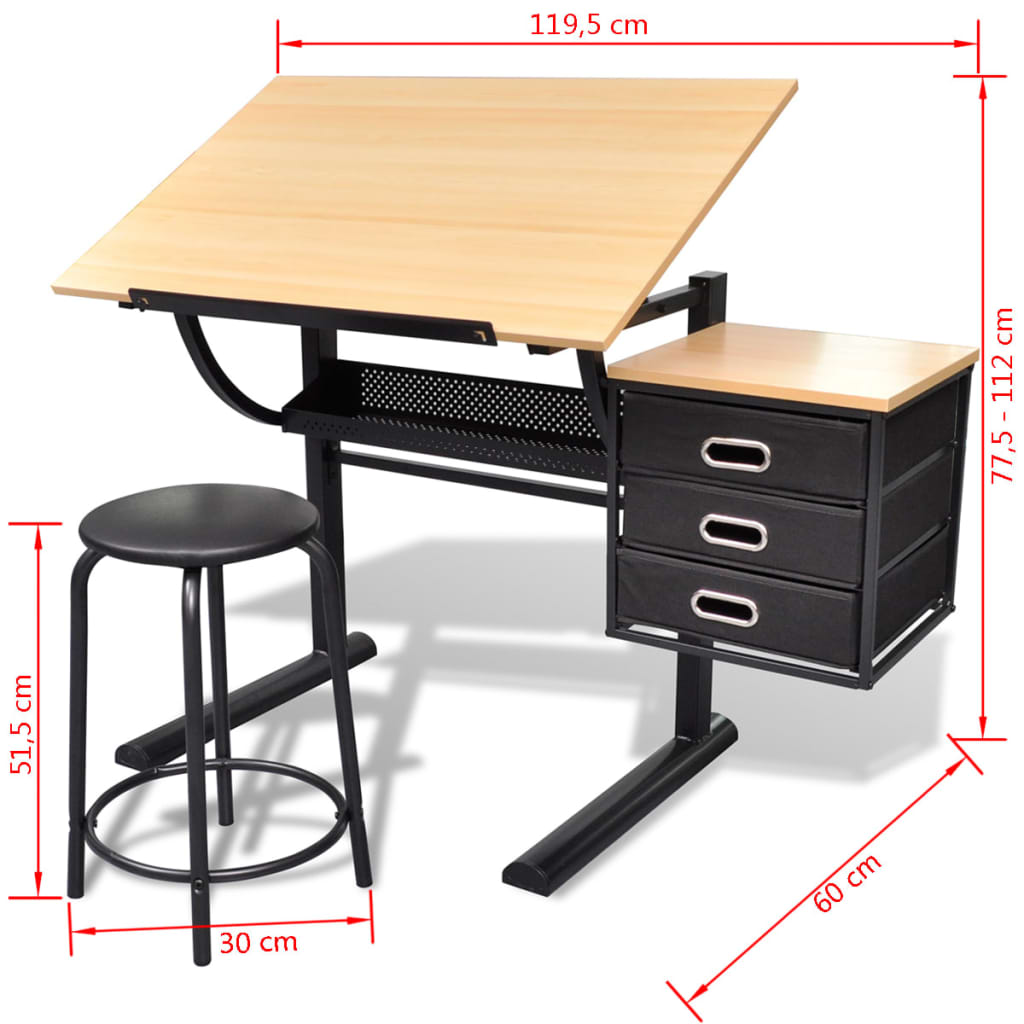 Three Drawers Tiltable Tabletop Drawing Table with Stool- Art & Drafting Tables - HomeShopIreland - Home Shop Ireland - Art & Drafting Tables - Three Drawers Tiltable Tabletop Drawing Table with Stool