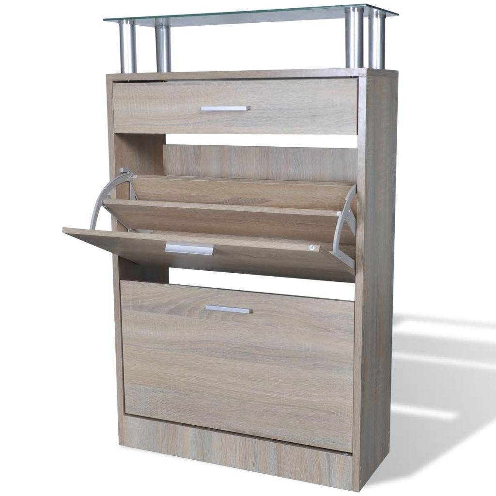 Shoe Cabinet with a Drawer and a Top Glass Shelf Wood Oak Look- Shoe Racks & Organisers - HomeShopIreland - Home Shop Ireland - Shoe Racks & Organisers - Shoe Cabinet with a Drawer and a Top Glass Shelf Wood Oak Look