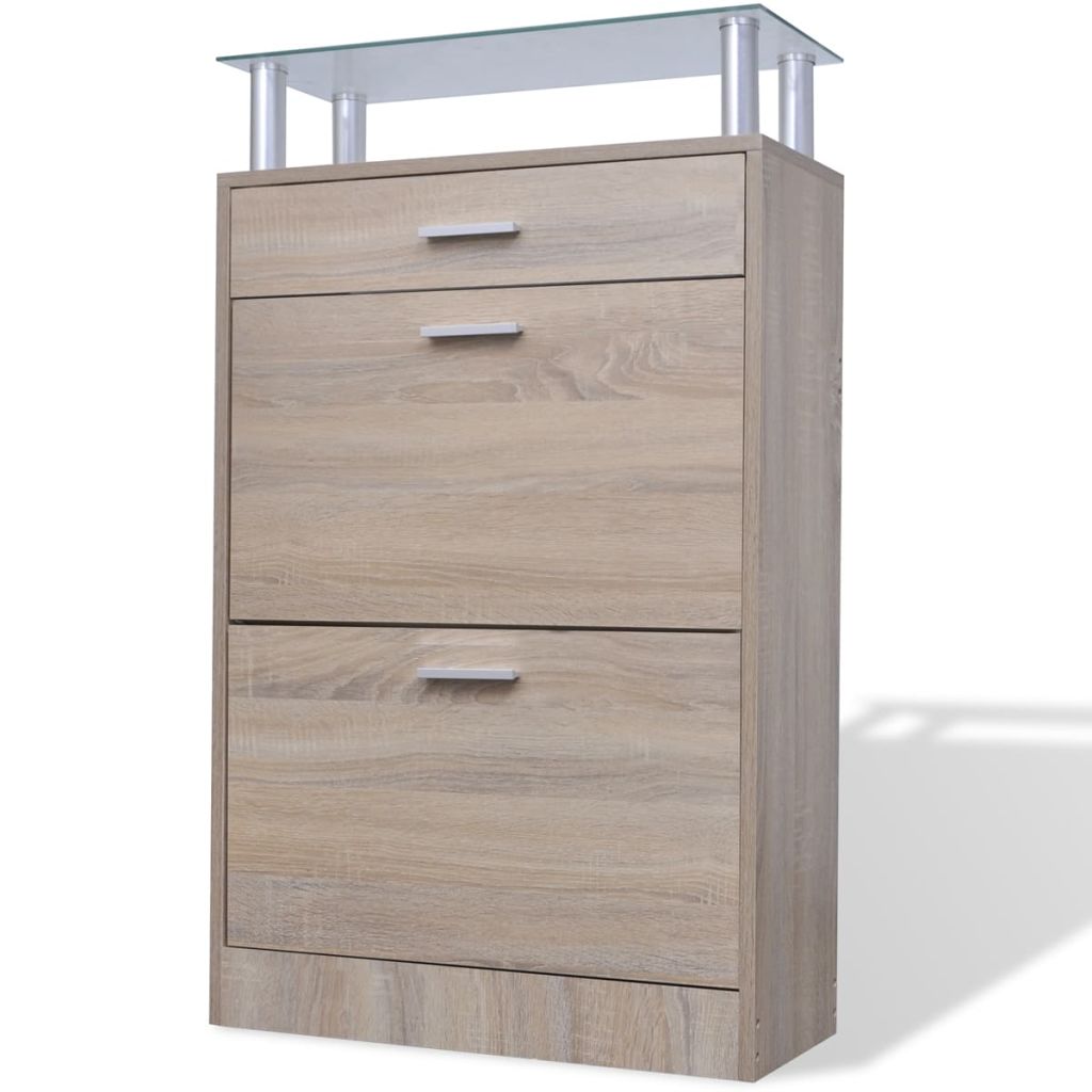 Shoe Cabinet with a Drawer and a Top Glass Shelf Wood Oak Look- Shoe Racks & Organisers - HomeShopIreland - Home Shop Ireland - Shoe Racks & Organisers - Shoe Cabinet with a Drawer and a Top Glass Shelf Wood Oak Look