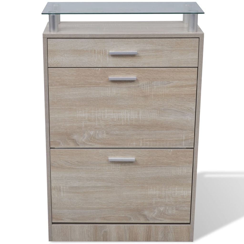 Shoe Cabinet with a Drawer and a Top Glass Shelf Wood Oak Look- Shoe Racks & Organisers - HomeShopIreland - Home Shop Ireland - Shoe Racks & Organisers - Shoe Cabinet with a Drawer and a Top Glass Shelf Wood Oak Look
