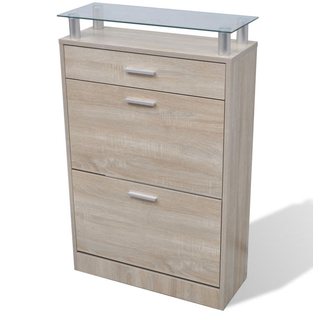 Shoe Cabinet with a Drawer and a Top Glass Shelf Wood Oak Look- Shoe Racks & Organisers - HomeShopIreland - Home Shop Ireland - Shoe Racks & Organisers - Shoe Cabinet with a Drawer and a Top Glass Shelf Wood Oak Look