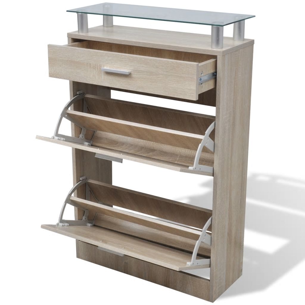 Shoe Cabinet with a Drawer and a Top Glass Shelf Wood Oak Look- Shoe Racks & Organisers - HomeShopIreland - Home Shop Ireland - Shoe Racks & Organisers - Shoe Cabinet with a Drawer and a Top Glass Shelf Wood Oak Look