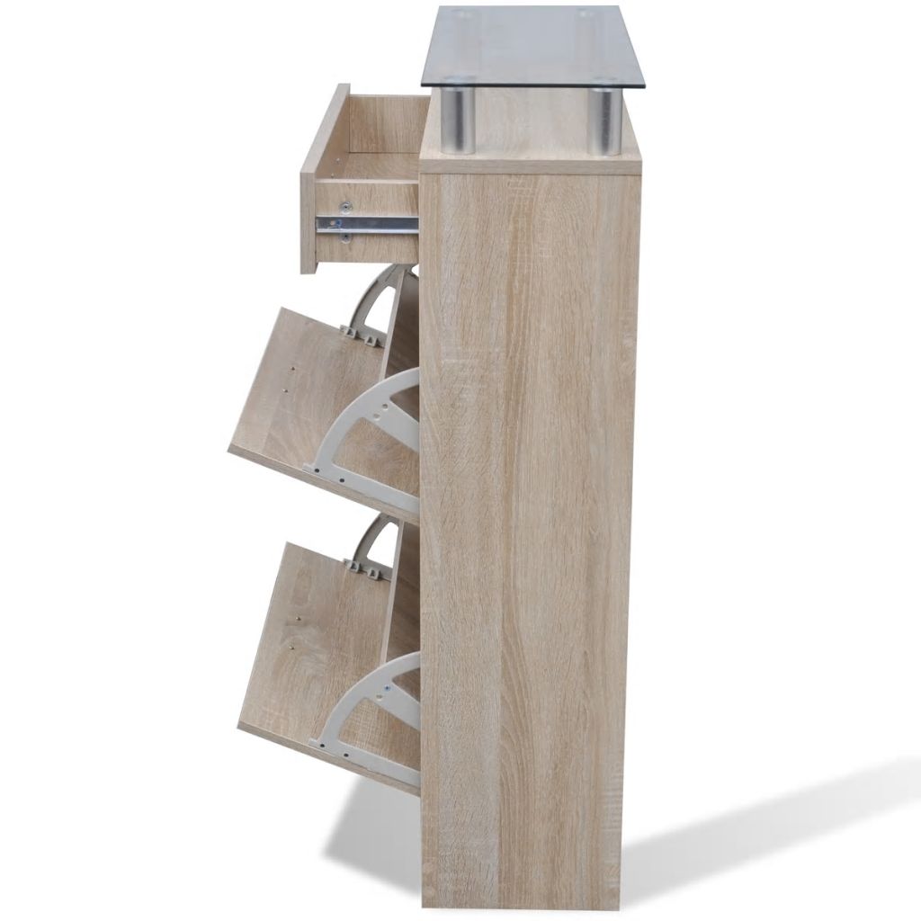 Shoe Cabinet with a Drawer and a Top Glass Shelf Wood Oak Look- Shoe Racks & Organisers - HomeShopIreland - Home Shop Ireland - Shoe Racks & Organisers - Shoe Cabinet with a Drawer and a Top Glass Shelf Wood Oak Look