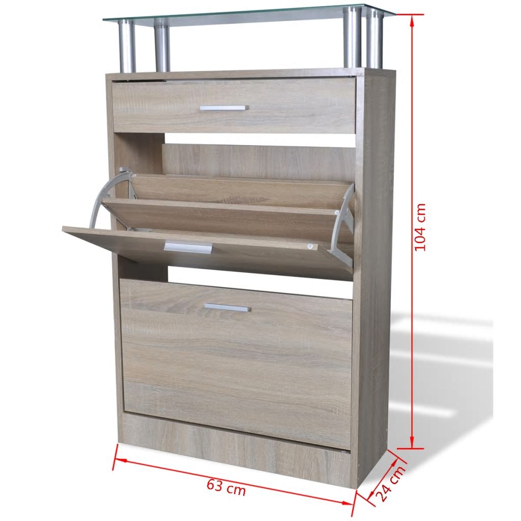 Shoe Cabinet with a Drawer and a Top Glass Shelf Wood Oak Look- Shoe Racks & Organisers - HomeShopIreland - Home Shop Ireland - Shoe Racks & Organisers - Shoe Cabinet with a Drawer and a Top Glass Shelf Wood Oak Look