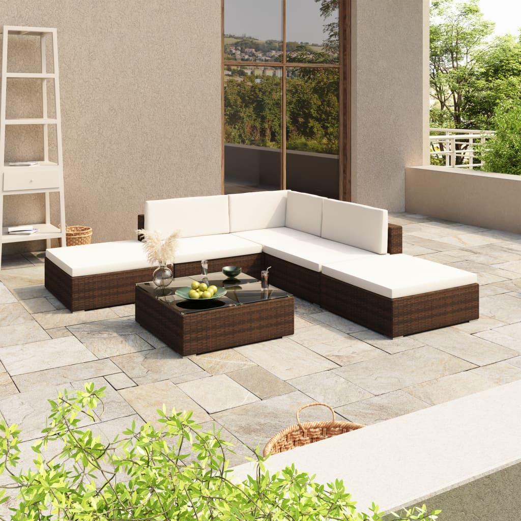 6 Piece Garden Lounge Set with Cushions Poly Rattan Brown- Outdoor Furniture Sets - HomeShopIreland - Home Shop Ireland - Outdoor Furniture Sets - 6 Piece Garden Lounge Set with Cushions Poly Rattan Brown
