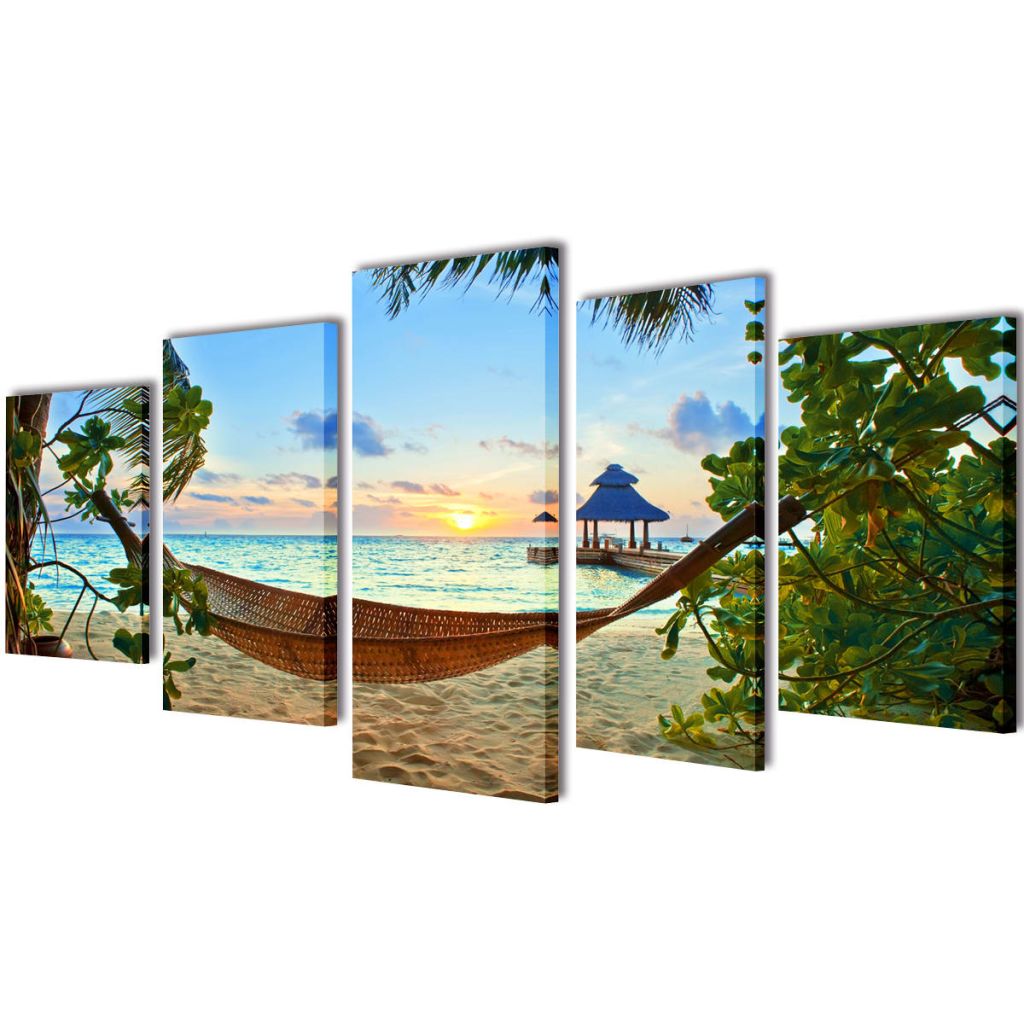 Canvas Wall Print Set Sand Beach with Hammock 200 x 100 cm- Posters, Prints & Visual Artwork - HomeShopIreland - Home Shop Ireland - Posters, Prints & Visual Artwork - Canvas Wall Print Set Sand Beach with Hammock 200 x 100 cm