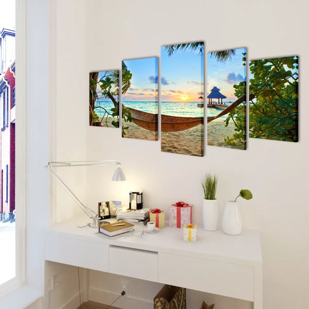 Canvas Wall Print Set Sand Beach with Hammock 200 x 100 cm- Posters, Prints & Visual Artwork - HomeShopIreland - Home Shop Ireland - Posters, Prints & Visual Artwork - Canvas Wall Print Set Sand Beach with Hammock 200 x 100 cm