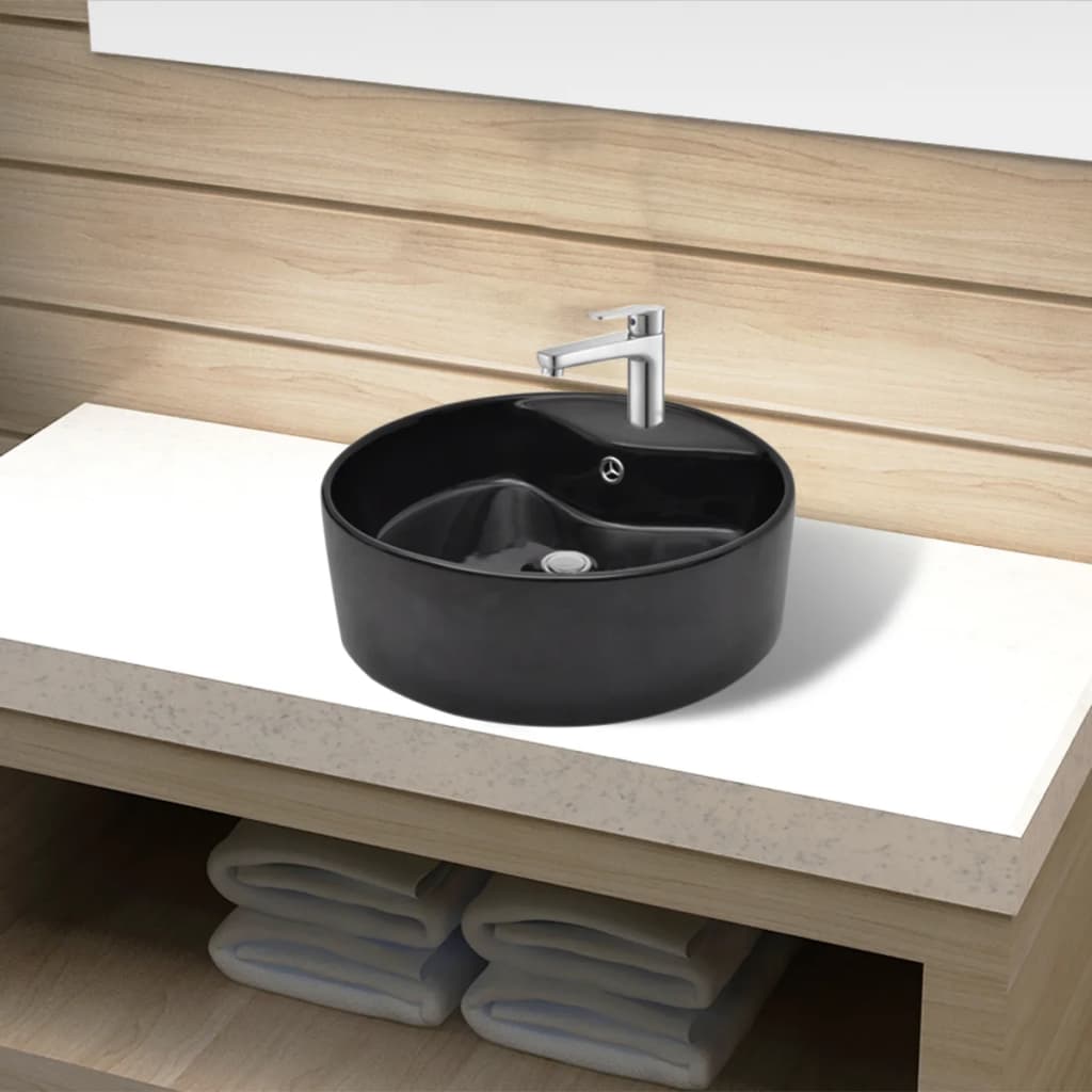 Ceramic Bathroom Sink Basin Faucet/Overflow Hole Black Round- Bathroom Basins - HomeShopIreland - Home Shop Ireland - Bathroom Basins - Ceramic Bathroom Sink Basin Faucet/Overflow Hole Black Round