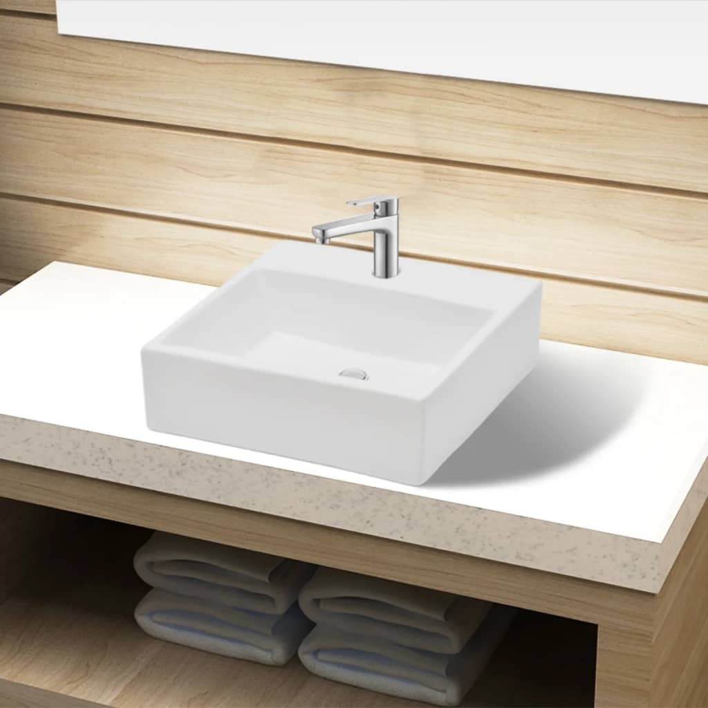 Ceramic Bathroom Sink Basin with Faucet Hole White Square- Bathroom Basins - HomeShopIreland - Home Shop Ireland - Bathroom Basins - Ceramic Bathroom Sink Basin with Faucet Hole White Square
