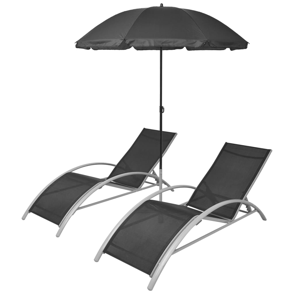 Sun Loungers with Umbrella Aluminium Black- Sunloungers - HomeShopIreland - Home Shop Ireland - Sunloungers - Sun Loungers with Umbrella Aluminium Black