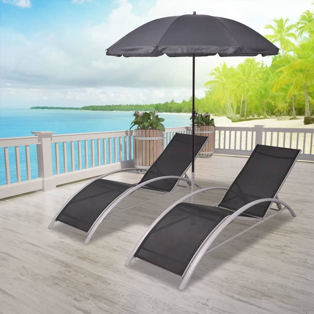 Sun Loungers with Umbrella Aluminium Black- Sunloungers - HomeShopIreland - Home Shop Ireland - Sunloungers - Sun Loungers with Umbrella Aluminium Black