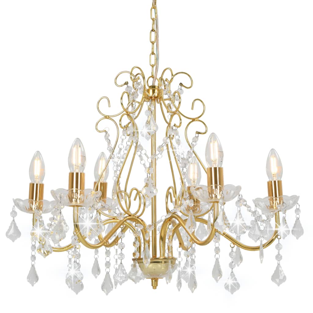 Chandelier with Crystal Beads Golden Round 6 x E14- Lamps - HomeShopIreland - Home Shop Ireland - Lamps - Chandelier with Crystal Beads Golden Round 6 x E14