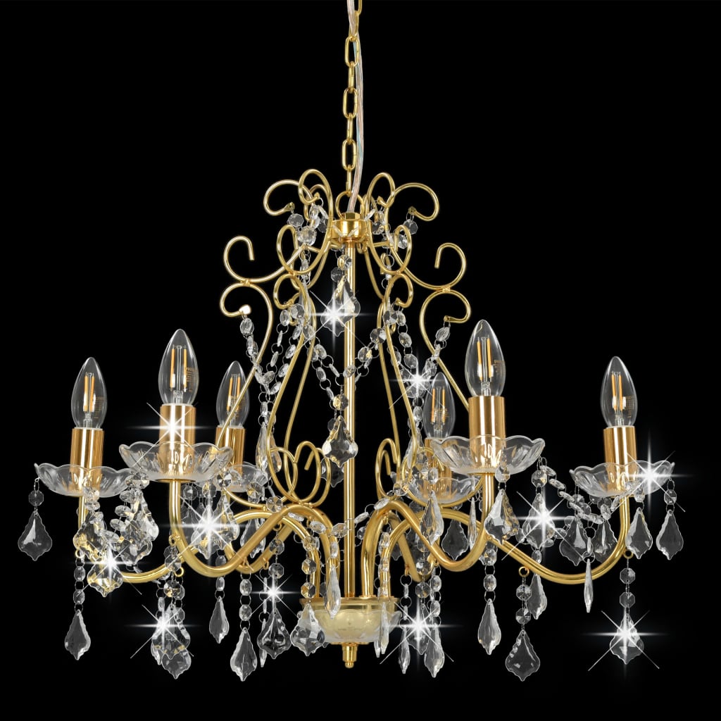 Chandelier with Crystal Beads Golden Round 6 x E14- Lamps - HomeShopIreland - Home Shop Ireland - Lamps - Chandelier with Crystal Beads Golden Round 6 x E14