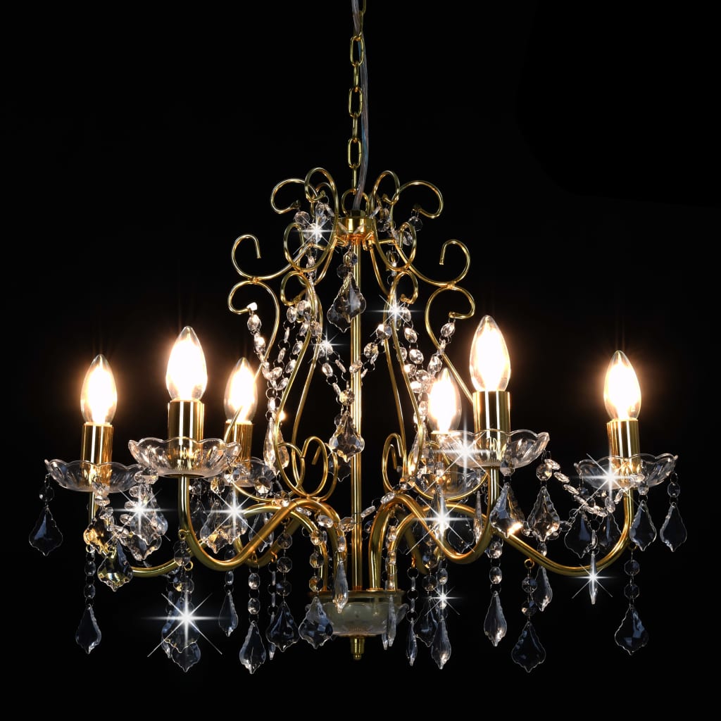 Chandelier with Crystal Beads Golden Round 6 x E14- Lamps - HomeShopIreland - Home Shop Ireland - Lamps - Chandelier with Crystal Beads Golden Round 6 x E14