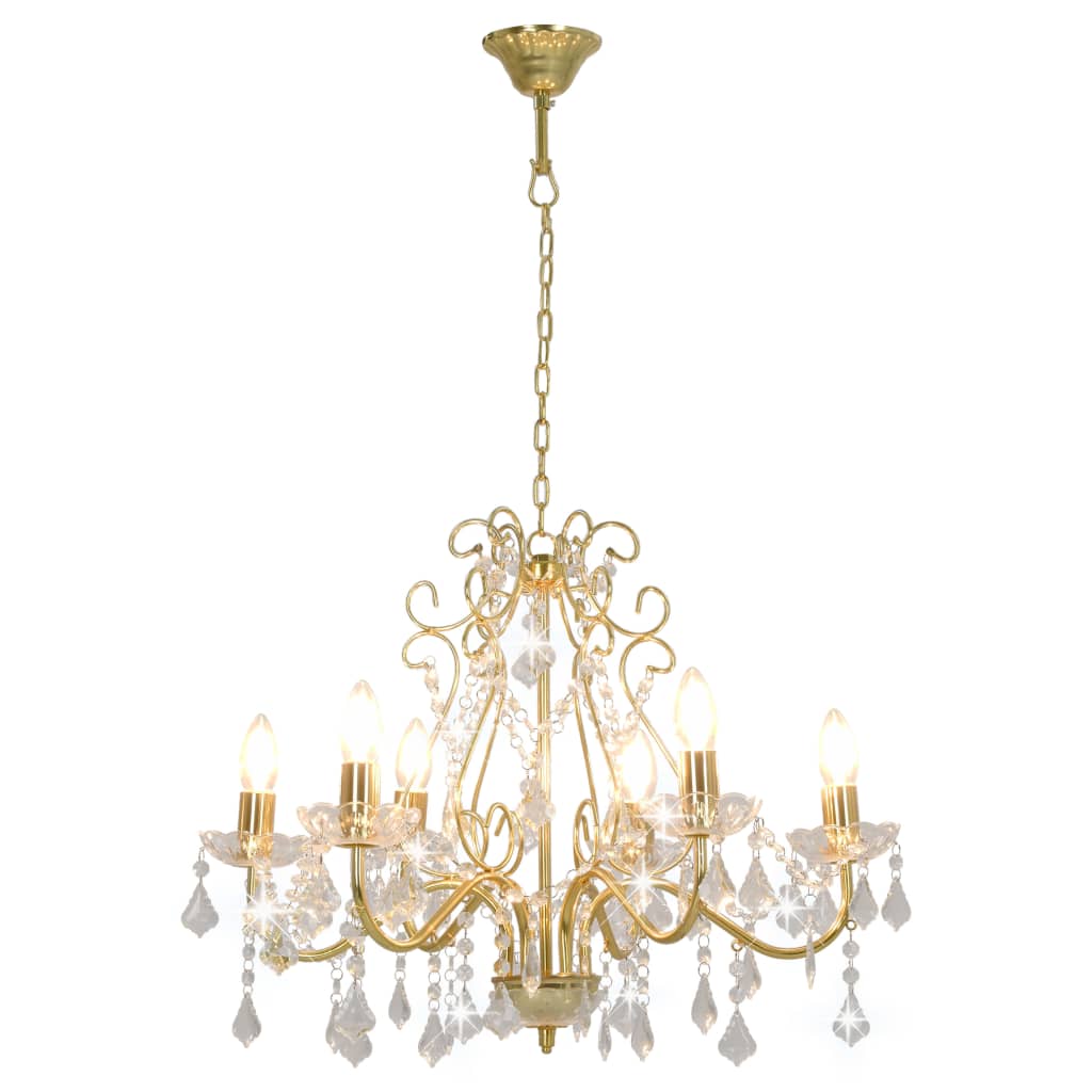 Chandelier with Crystal Beads Golden Round 6 x E14- Lamps - HomeShopIreland - Home Shop Ireland - Lamps - Chandelier with Crystal Beads Golden Round 6 x E14