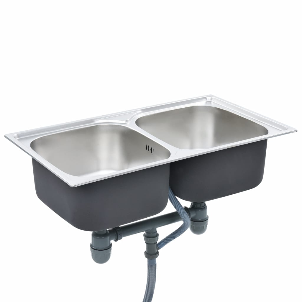 Kitchen Sink Double Basin with Strainer & Trap Stainless Steel- Kitchen & Utility Sinks - HomeShopIreland - Home Shop Ireland - Kitchen & Utility Sinks - Kitchen Sink Double Basin with Strainer & Trap Stainless Steel