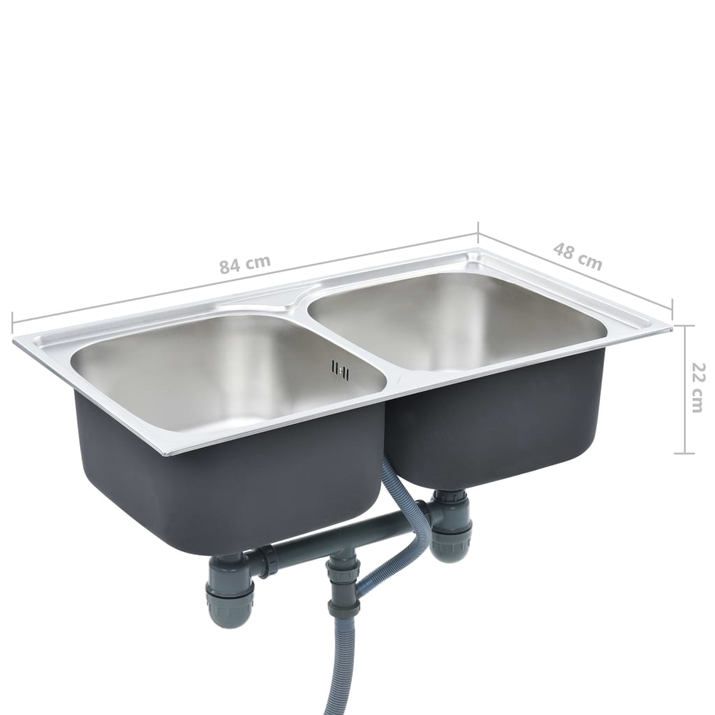 Kitchen Sink Double Basin with Strainer & Trap Stainless Steel- Kitchen & Utility Sinks - HomeShopIreland - Home Shop Ireland - Kitchen & Utility Sinks - Kitchen Sink Double Basin with Strainer & Trap Stainless Steel