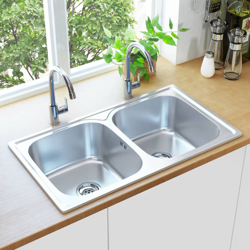 Kitchen Sink Double Basin with Strainer & Trap Stainless Steel- Kitchen & Utility Sinks - HomeShopIreland - Home Shop Ireland - Kitchen & Utility Sinks - Kitchen Sink Double Basin with Strainer & Trap Stainless Steel