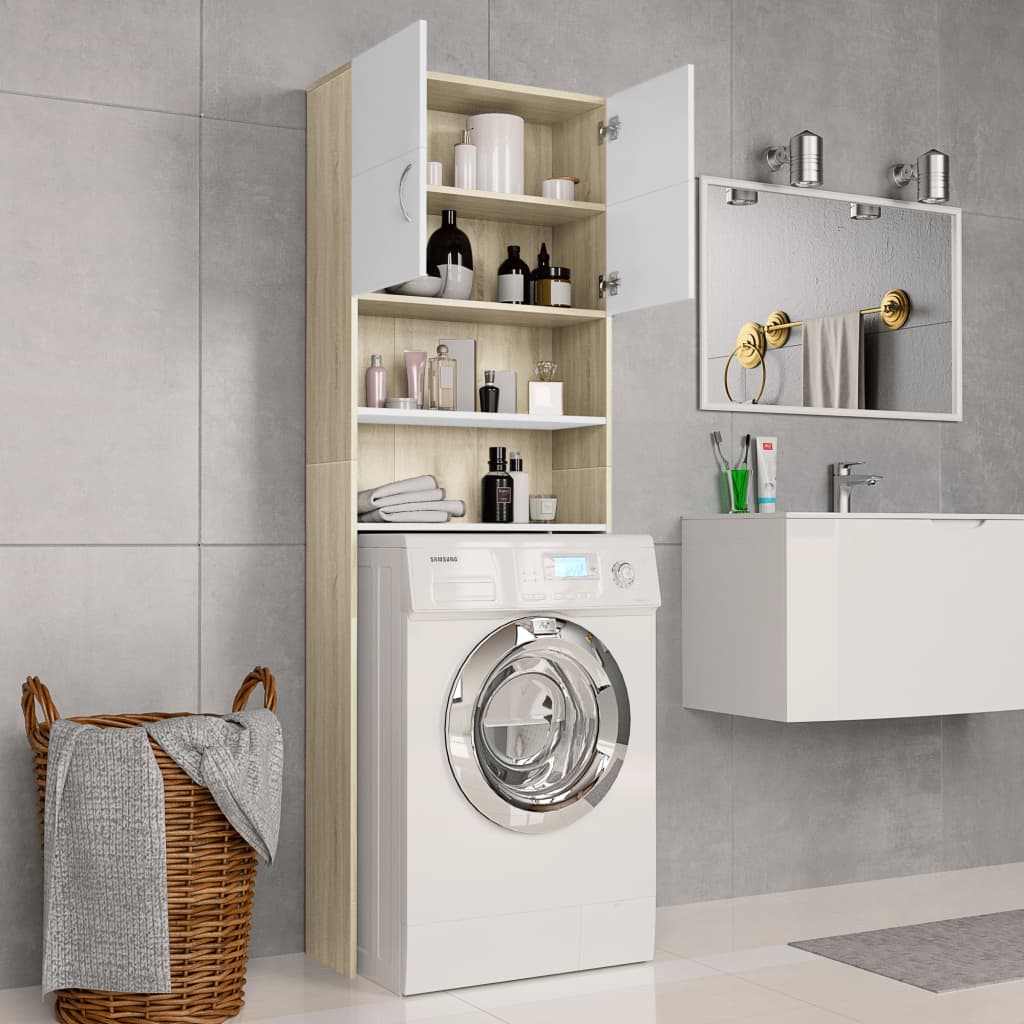 Washing Machine Cabinet White and Sonoma Oak 64x25.5x190 cm- Washer & Dryer Accessories - HomeShopIreland - Home Shop Ireland - Washer & Dryer Accessories - Washing Machine Cabinet White and Sonoma Oak 64x25.5x190 cm