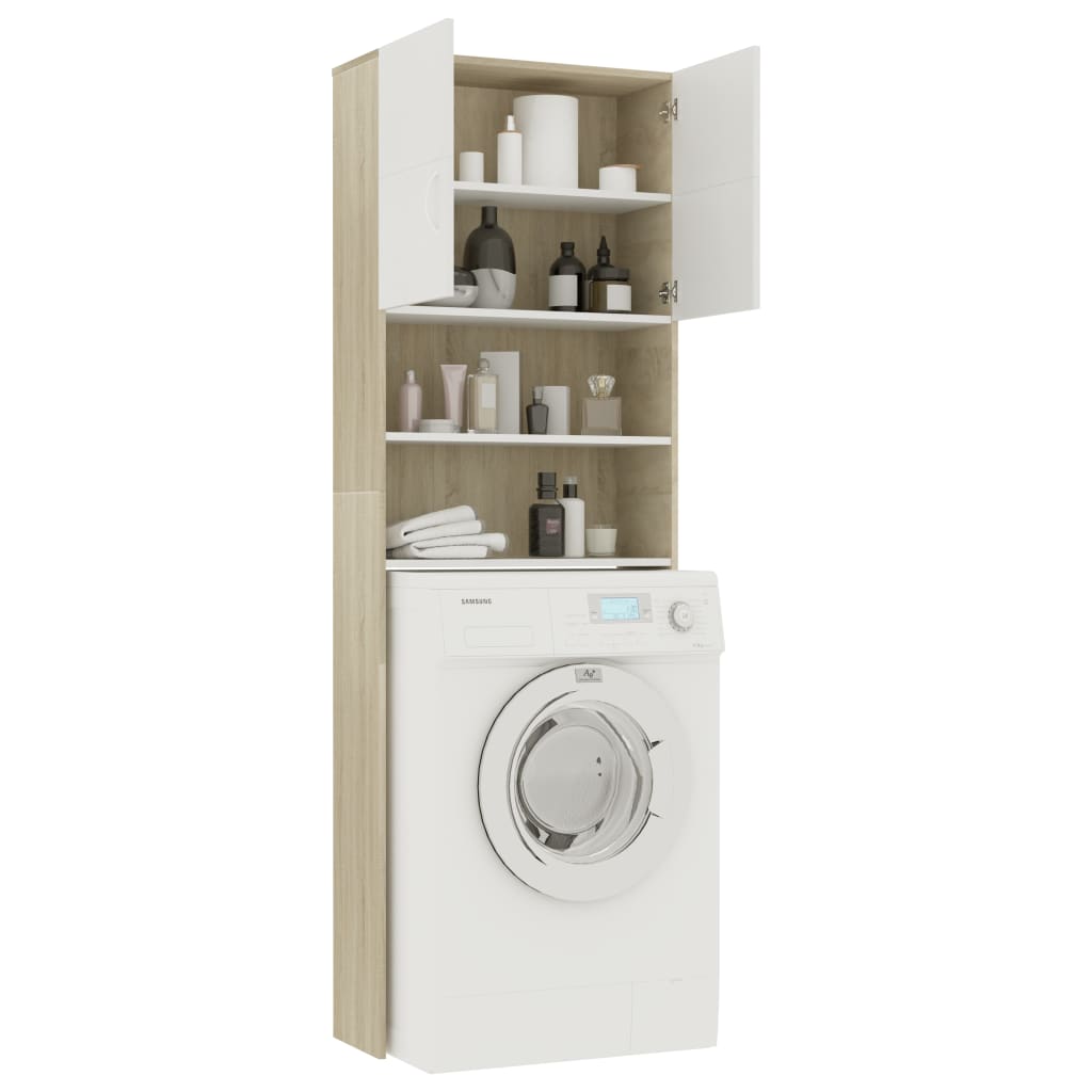 Washing Machine Cabinet White and Sonoma Oak 64x25.5x190 cm- Washer & Dryer Accessories - HomeShopIreland - Home Shop Ireland - Washer & Dryer Accessories - Washing Machine Cabinet White and Sonoma Oak 64x25.5x190 cm