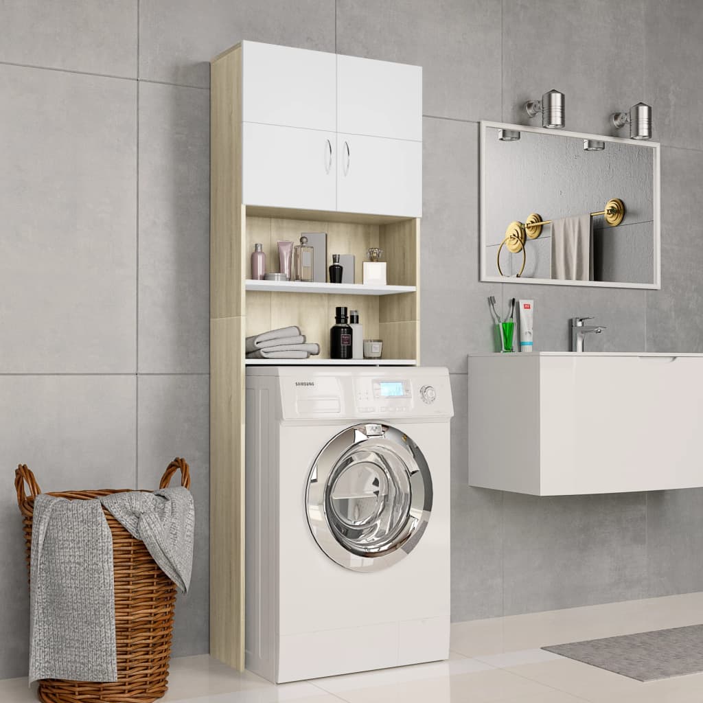 Washing Machine Cabinet White and Sonoma Oak 64x25.5x190 cm- Washer & Dryer Accessories - HomeShopIreland - Home Shop Ireland - Washer & Dryer Accessories - Washing Machine Cabinet White and Sonoma Oak 64x25.5x190 cm