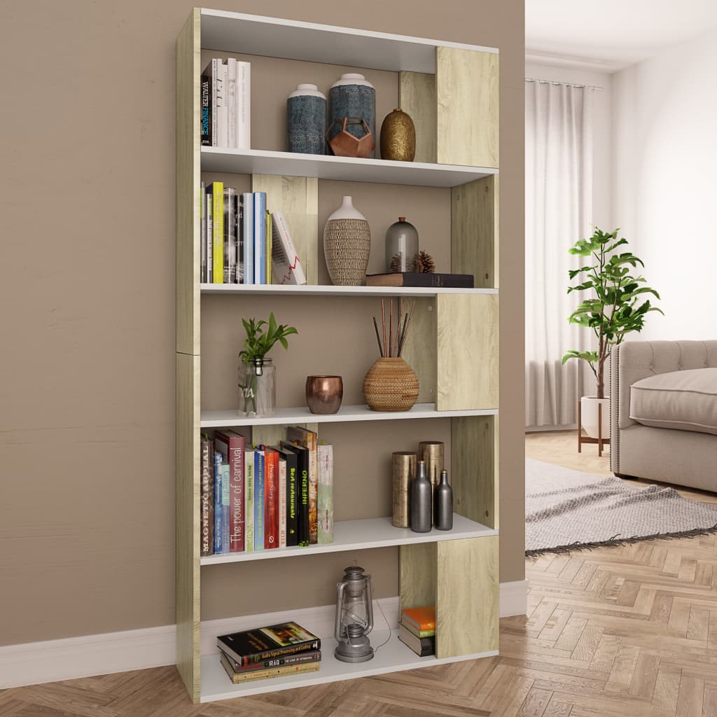 Book Cabinet/Room Divider White and Sonoma Oak 80x24x159 cm Chipboard- Bookcases & Standing Shelves - HomeShopIreland - Home Shop Ireland - Bookcases & Standing Shelves - Book Cabinet/Room Divider White and Sonoma Oak 80x24x159 cm Chipboard
