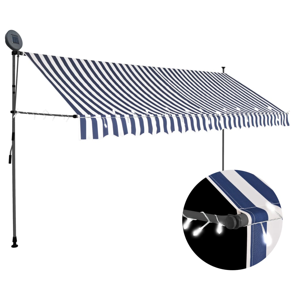 Manual Retractable Awning with LED 350 cm Blue and White- Window & Door Awnings - HomeShopIreland - Home Shop Ireland - Window & Door Awnings - Manual Retractable Awning with LED 350 cm Blue and White