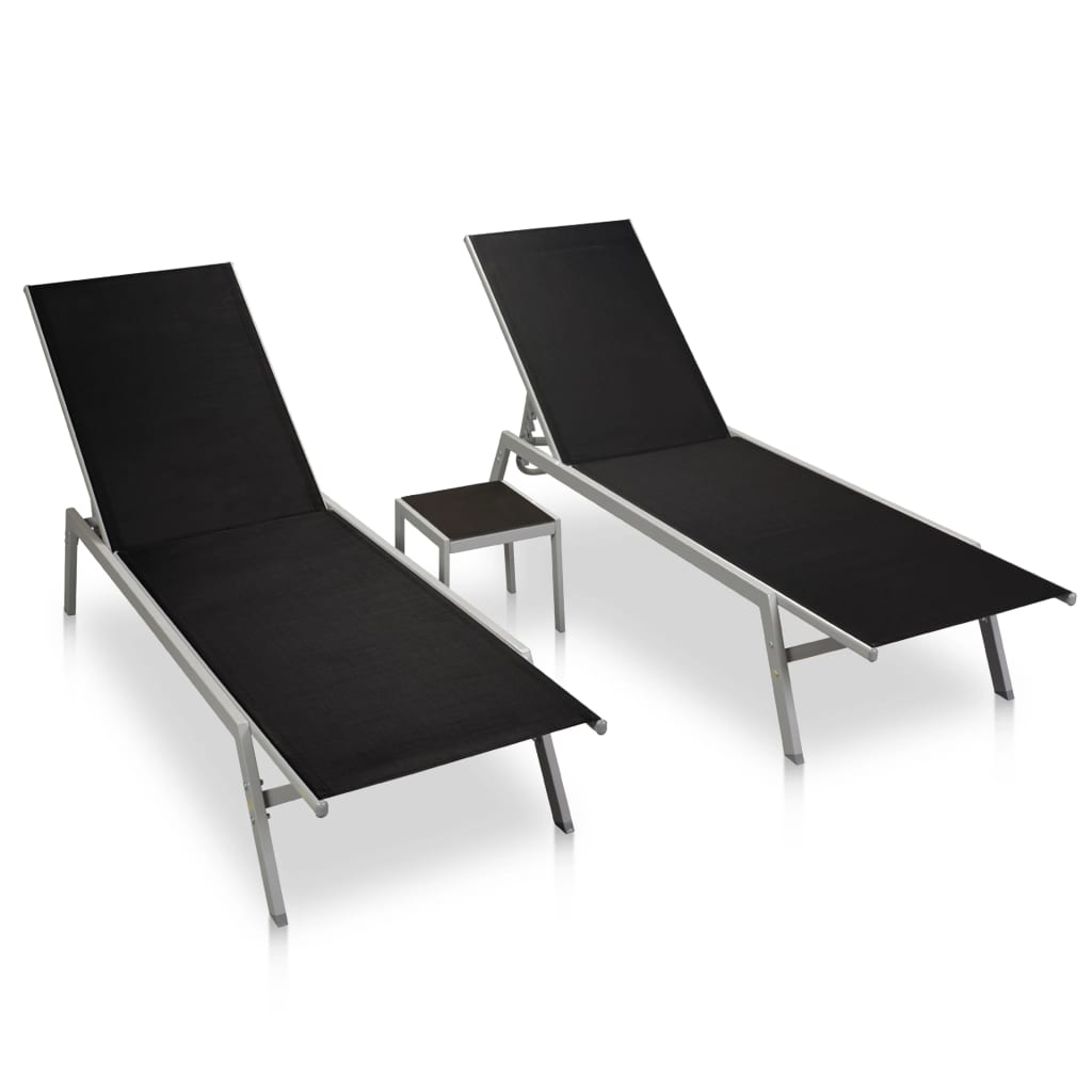 Sun Loungers 2 pcs with Table Steel and Textilene Black- Sunloungers - HomeShopIreland - Home Shop Ireland - Sunloungers - Sun Loungers 2 pcs with Table Steel and Textilene Black