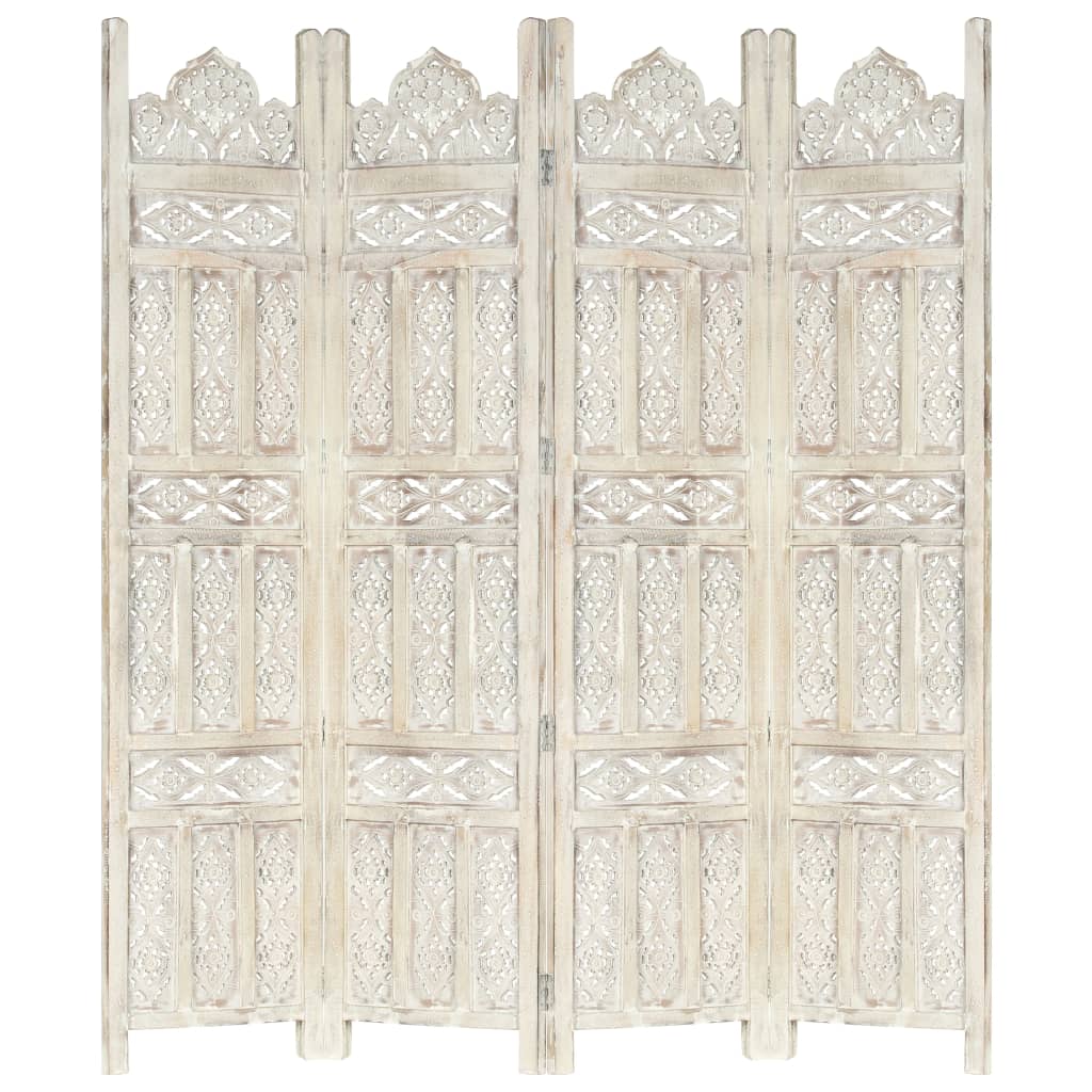 Hand carved 4-Panel Room Divider White 160x165 cm Solid Mango Wood- Room Dividers - HomeShopIreland - Home Shop Ireland - Room Dividers - Hand carved 4-Panel Room Divider White 160x165 cm Solid Mango Wood