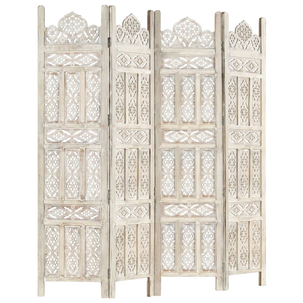 Hand carved 4-Panel Room Divider White 160x165 cm Solid Mango Wood- Room Dividers - HomeShopIreland - Home Shop Ireland - Room Dividers - Hand carved 4-Panel Room Divider White 160x165 cm Solid Mango Wood