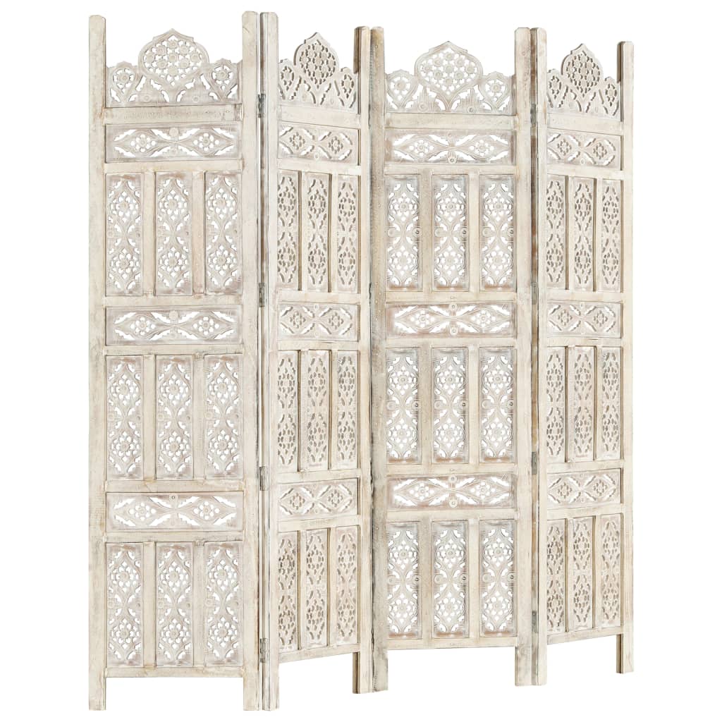 Hand carved 4-Panel Room Divider White 160x165 cm Solid Mango Wood- Room Dividers - HomeShopIreland - Home Shop Ireland - Room Dividers - Hand carved 4-Panel Room Divider White 160x165 cm Solid Mango Wood